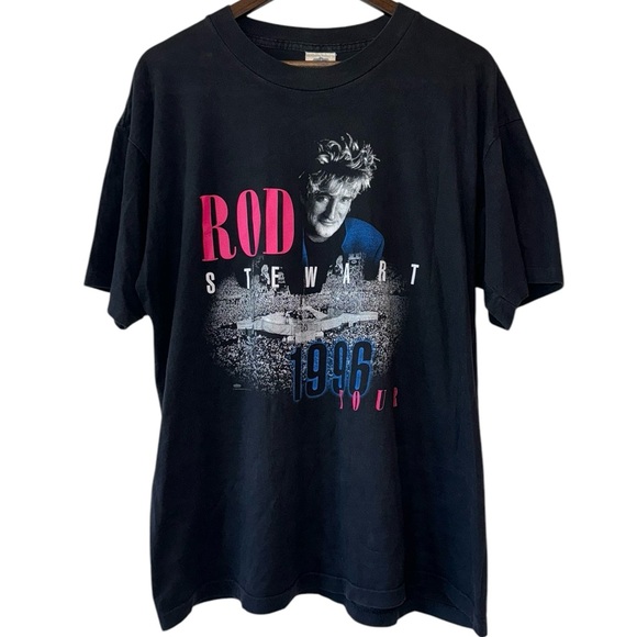 Vintage 1996 Rod Stewart Tour Band Tee Black Pink Headshot Preloved Sz XL - Picture 1 of 11